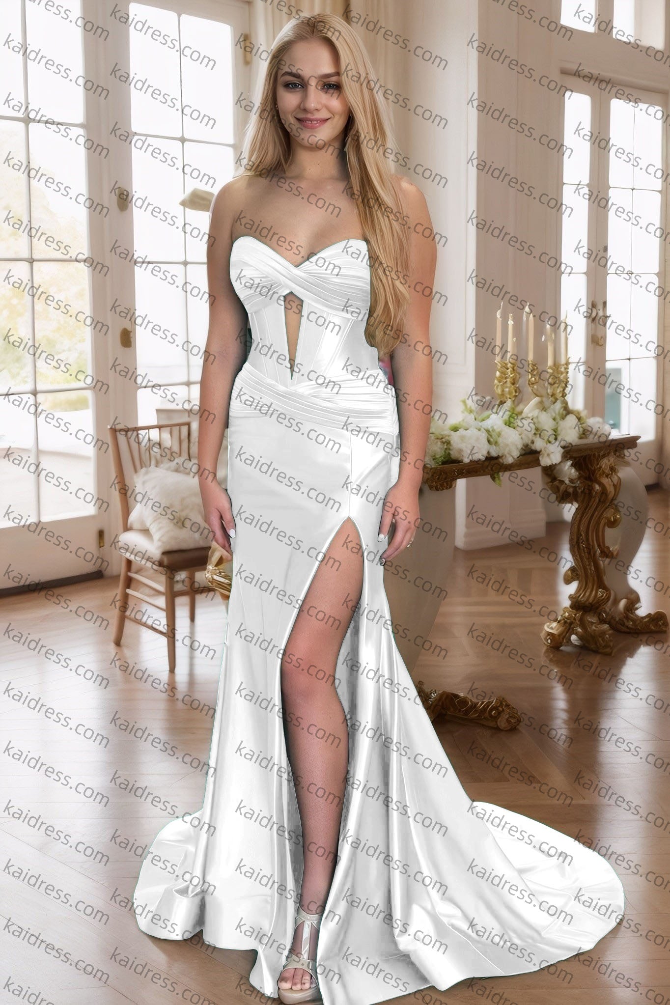 Green Silk Strapless Mermaid Prom Dresses Long Formal Evening Gown with Slit