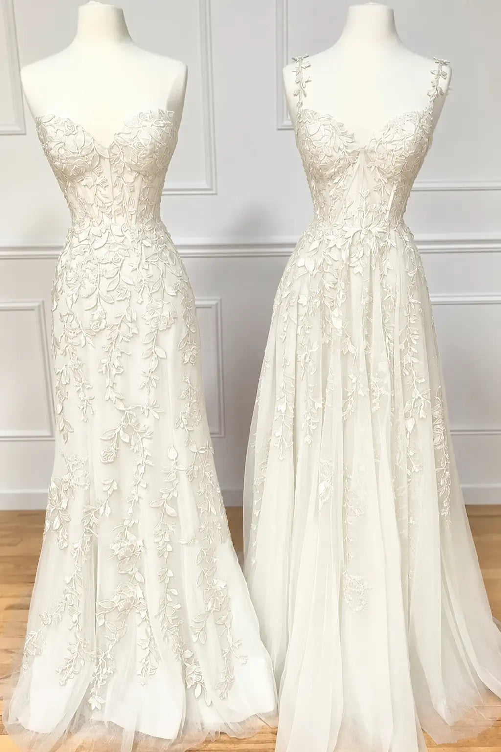 A-line Sweetheart Spaghetti Straps Sweep Train Lace Prom Dress With Beading Kaidress
