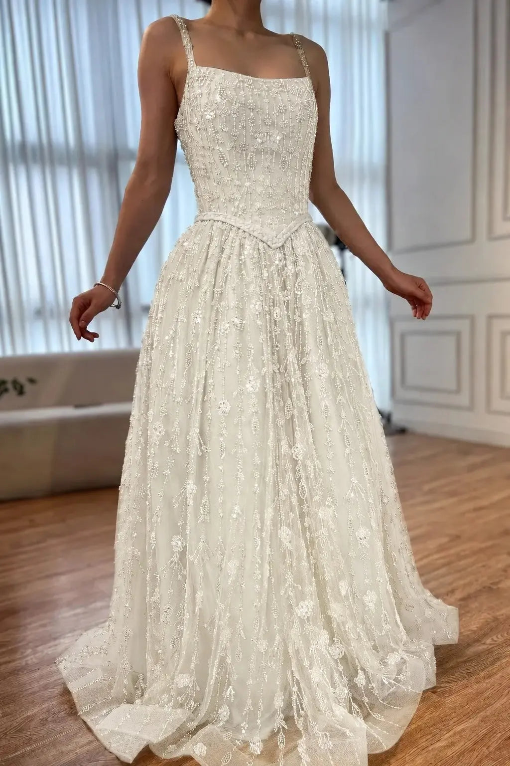 Luxury A-line Spaghetti Straps Beaded Lace Sweep Train Lace Prom Dress