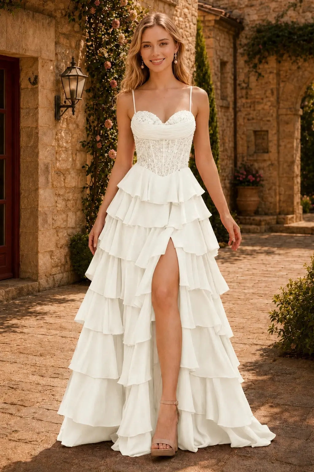 Spaghetti Straps Sweetheart Embellished Corset Chiffon Slit Ruffle Prom Dress with Detachable Straps