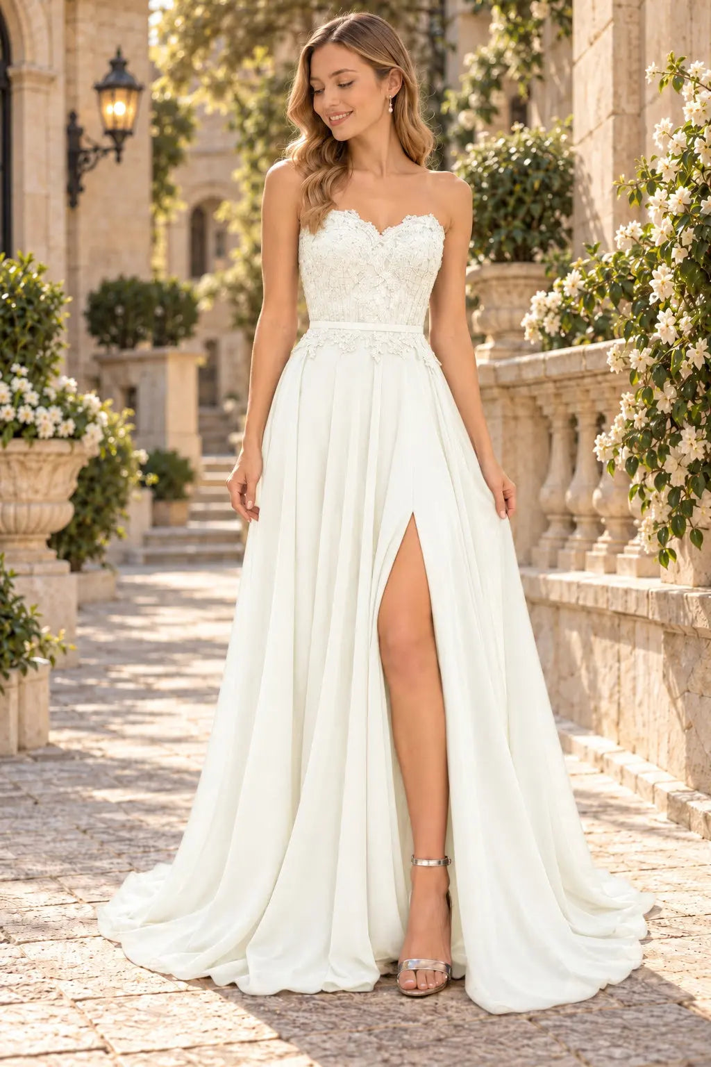 A-line Sweetheart Sweep Train Chiffon Prom Dresses With Lace Beading Split