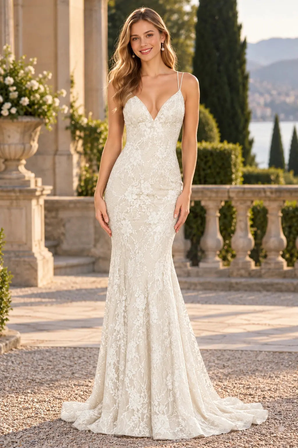 Mermaid V-neck Backless Sleeveless Lace Red Formal Prom Dresses Long Slit Evening Gowns