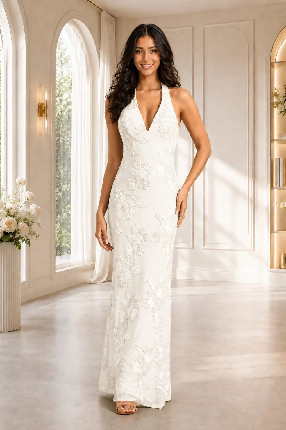Sage Green Halter Floral Lace Sheath Floor-Length Prom Evening Gown KAIDRESS