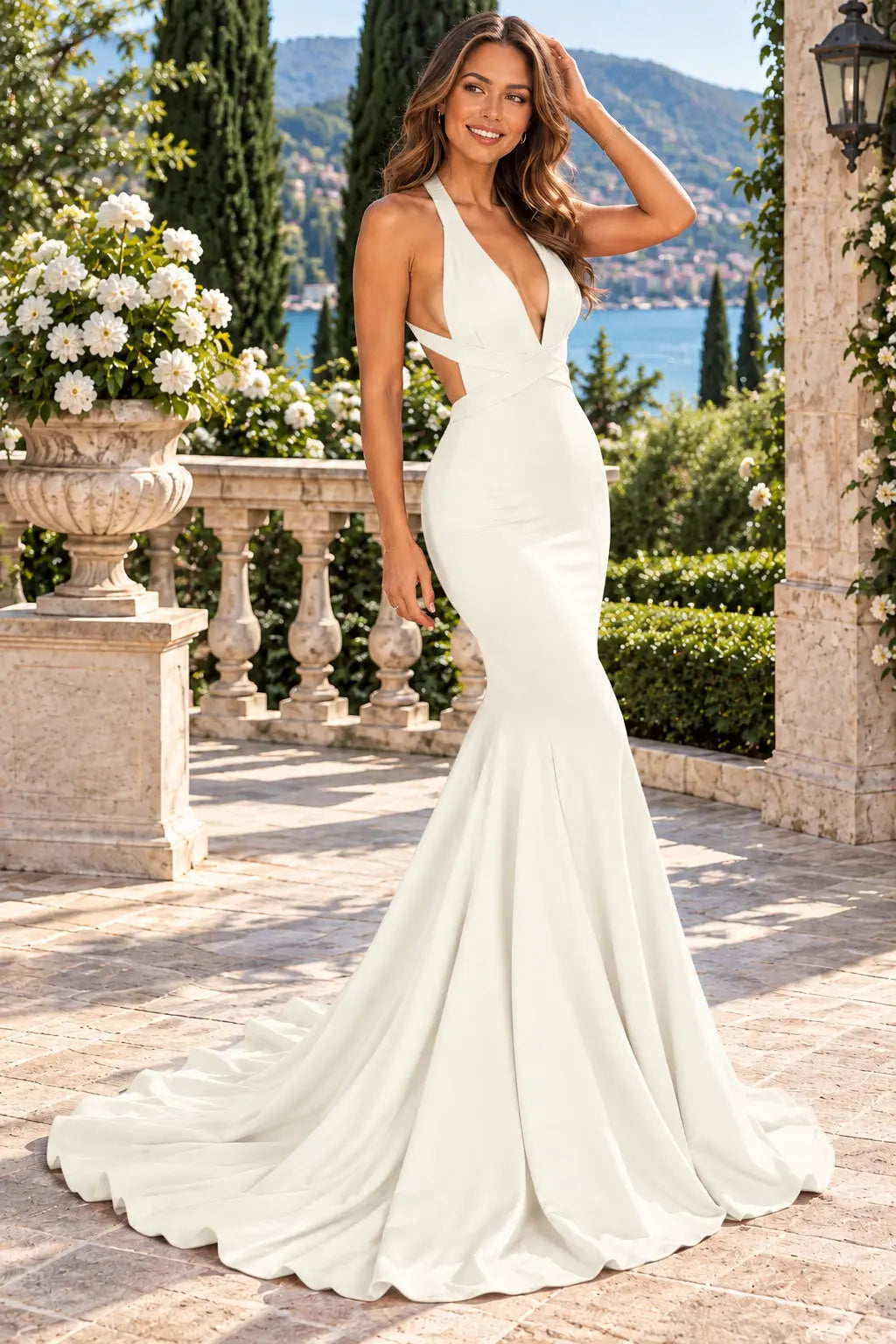 Trumpet/Mermaid Jersey Sleeveless Court Train Prom Dresses Long V Neck Backless Red Prom Gown