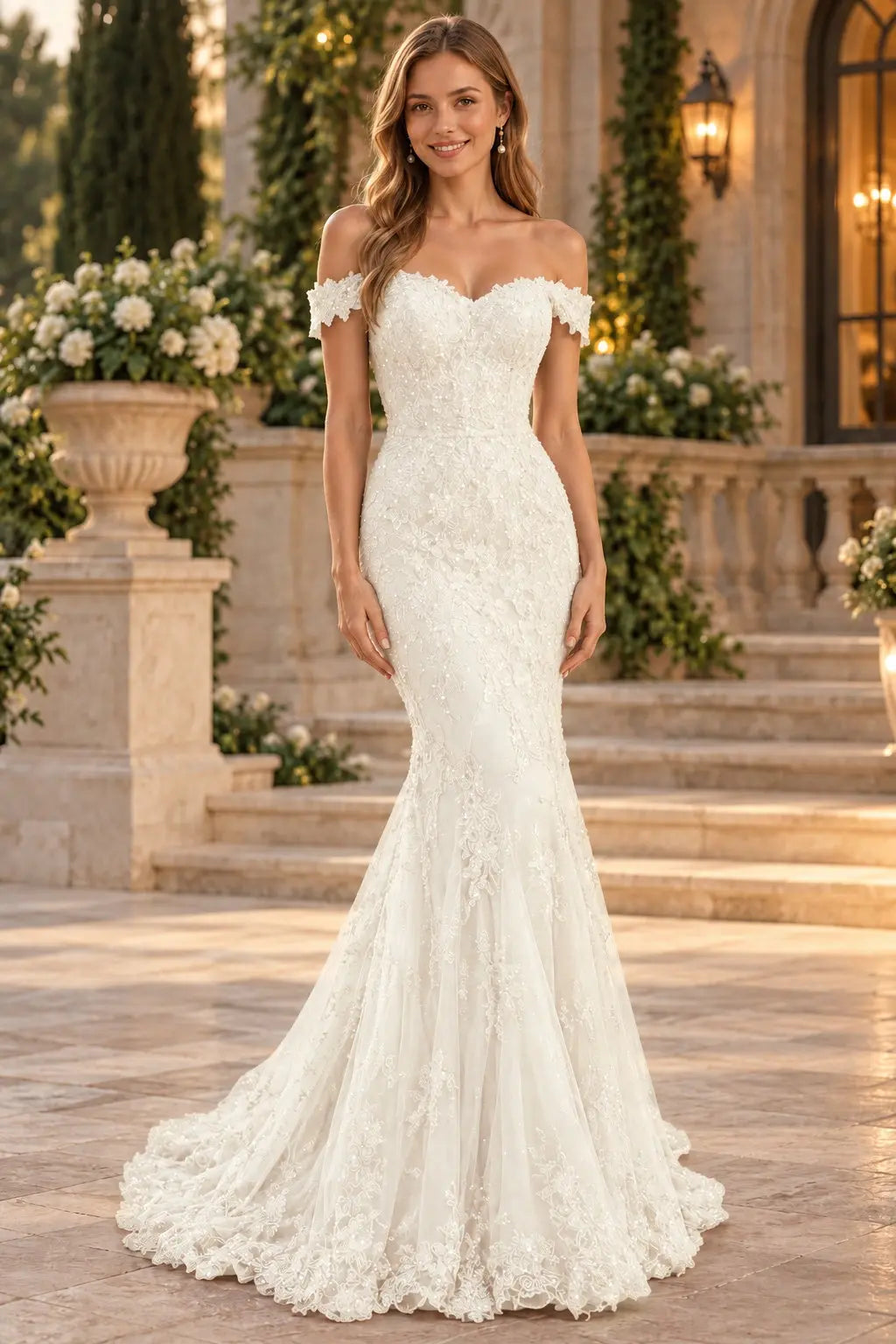 Lace Long/Floor-Length Trumpet/Mermaid Sleeveless Off-The-Shoulder Zipper Prom Dresses With Appliqued Beaded