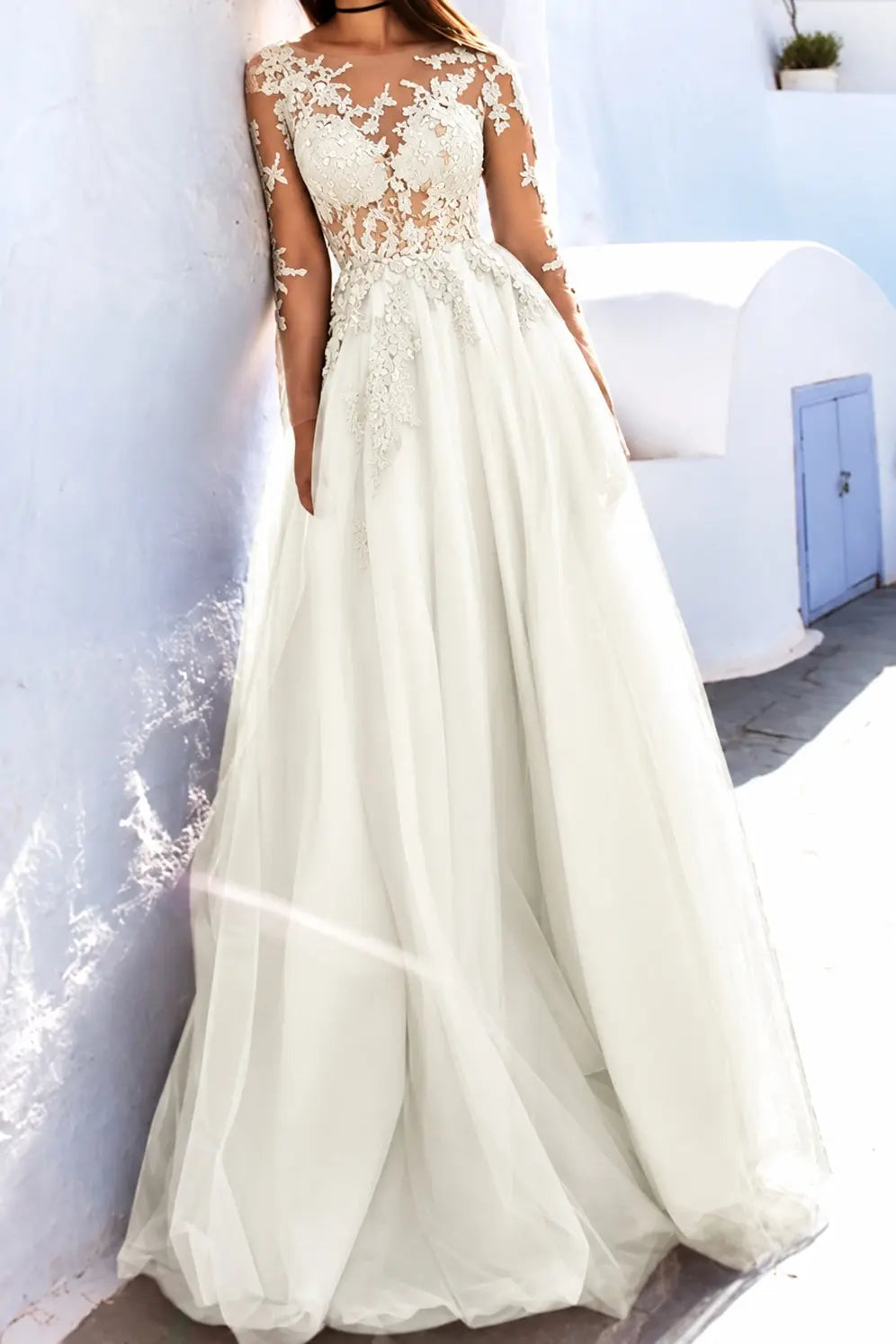 A-Line Scoop Long Sleeves Floor-Length With Applique Tulle Prom Dresses