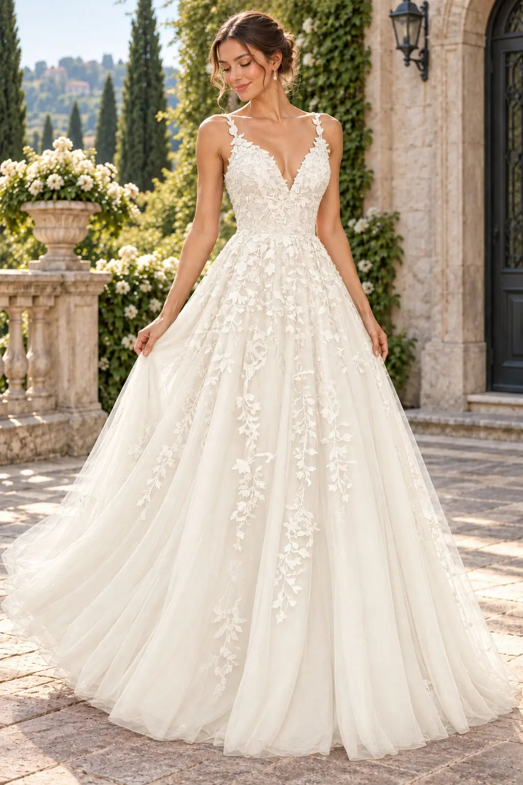 A-Line Lace Prom Dresses Long V Neck Sleeveless Formal Maxi Dress