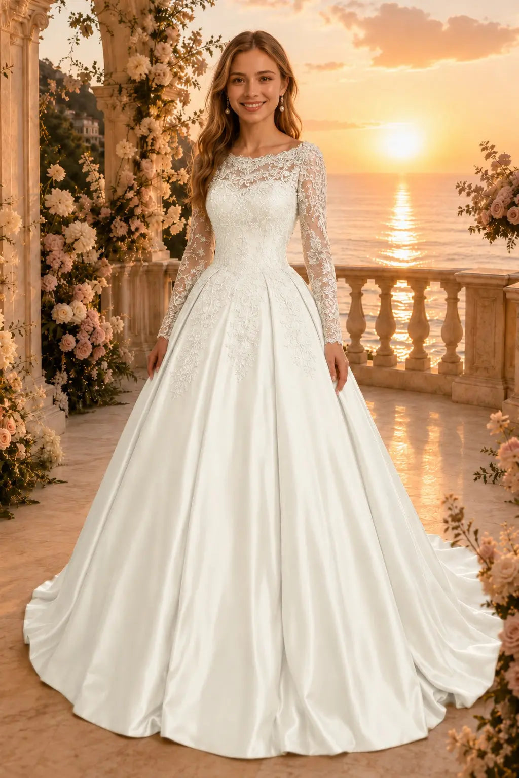 Ball Gown Long Sleeves Off-the-Shoulder Chapel Train Applique Satin Prom Dresses Kaidress