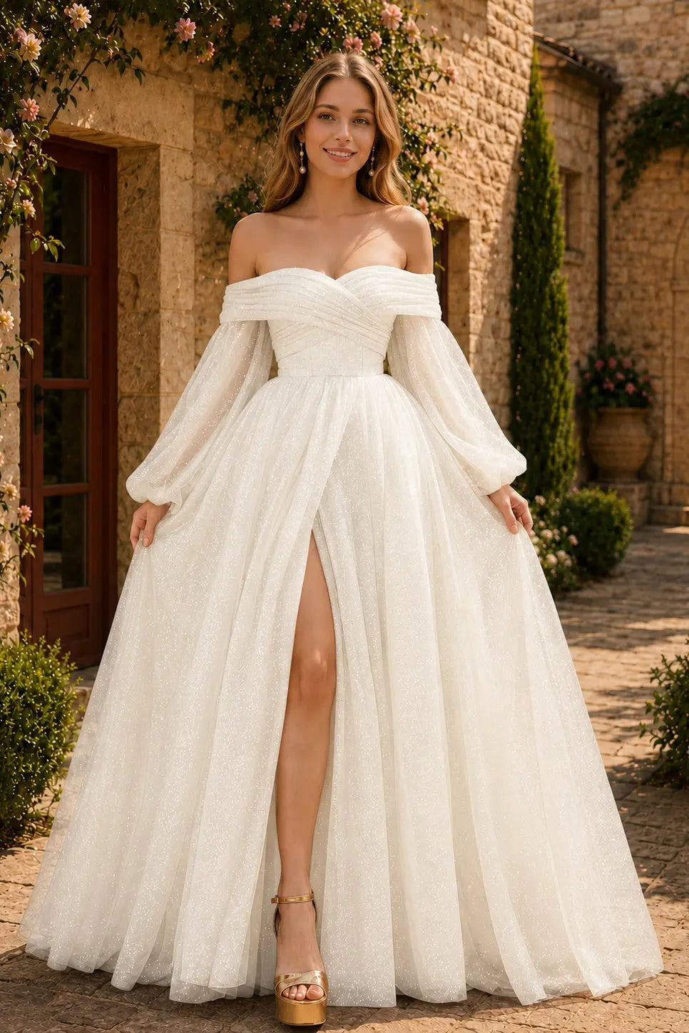 A-Line/Princess Tulle Ruched Long  Off-the-Shoulder Long Sleeves Prom Dresses Detachable Sleeves KAIDRESS