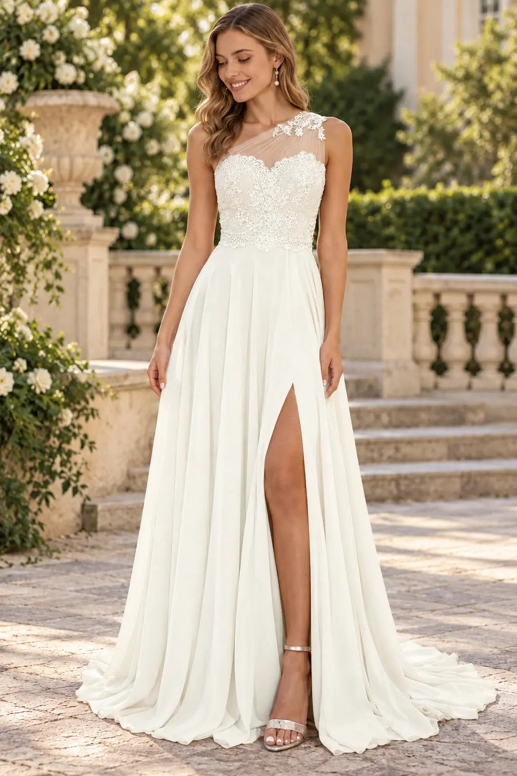 A-line One-Shoulder Sleeveless Chiffon Sweep Train Prom Dress With Appliqued Beading