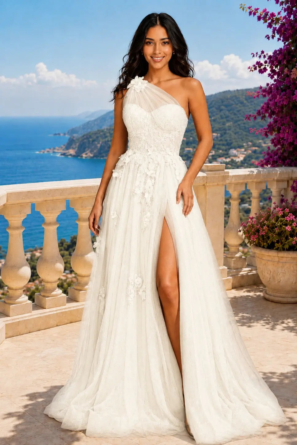 A-line One-Shoulder Sleeveless Long/Floor-Length Tulle Prom Dresses with Appliqued Split KAIDRESS