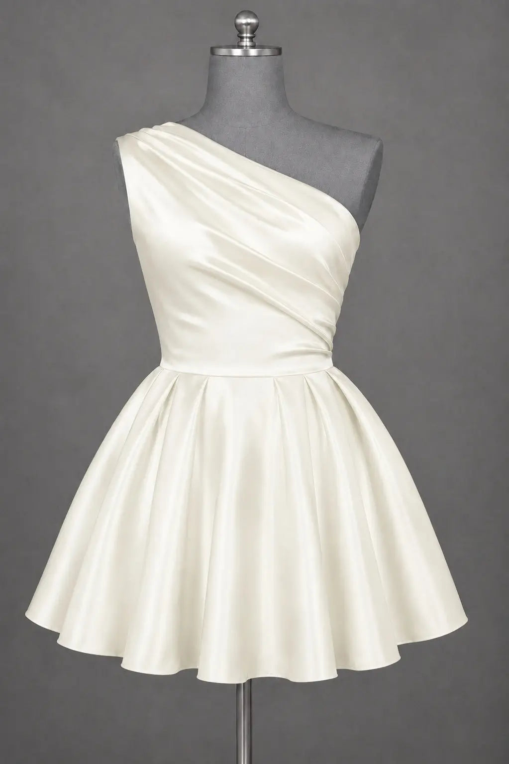 White One Shoulder Satin Mini Homecoming Dress A Line Hoco Dress KAIDRESS