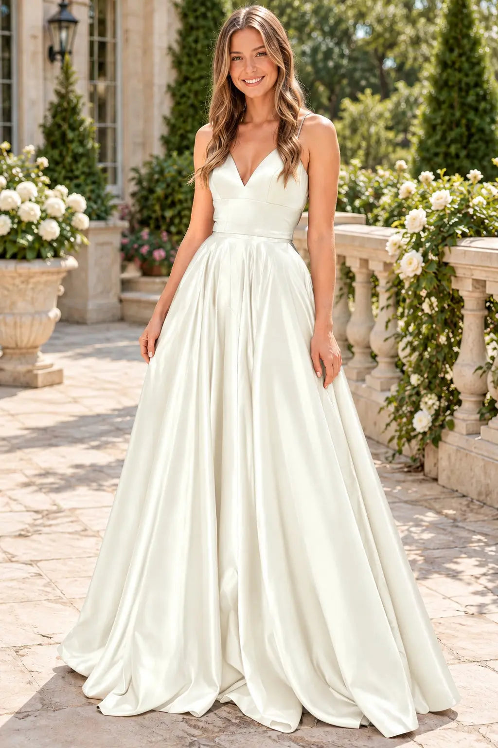 Satin Green Simple Prom Dresses Princess Long V Neck Formal Evening Gowns