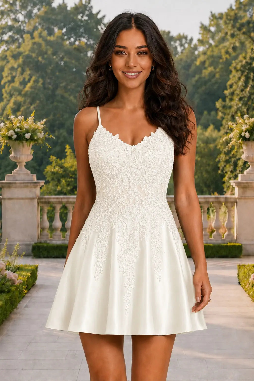 A-line V-Neck Spaghetti Straps Short Satin Homecoming Dress with Appliqued Beading KAIDRESS