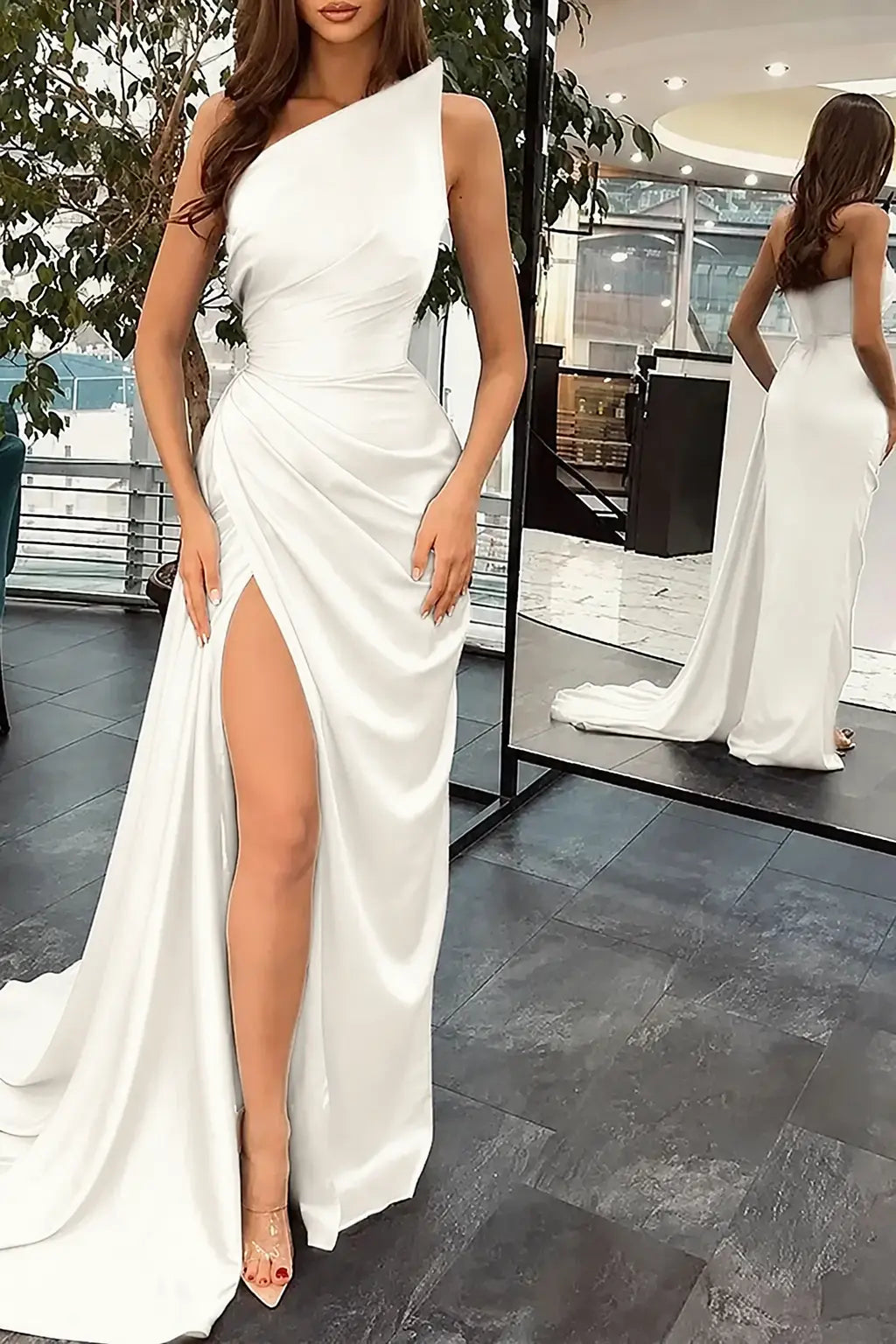 Trumpet/Mermaid Sleeveless Court Train Silk like Satin Prom Dresses with Ruffles Split KAIDRESS