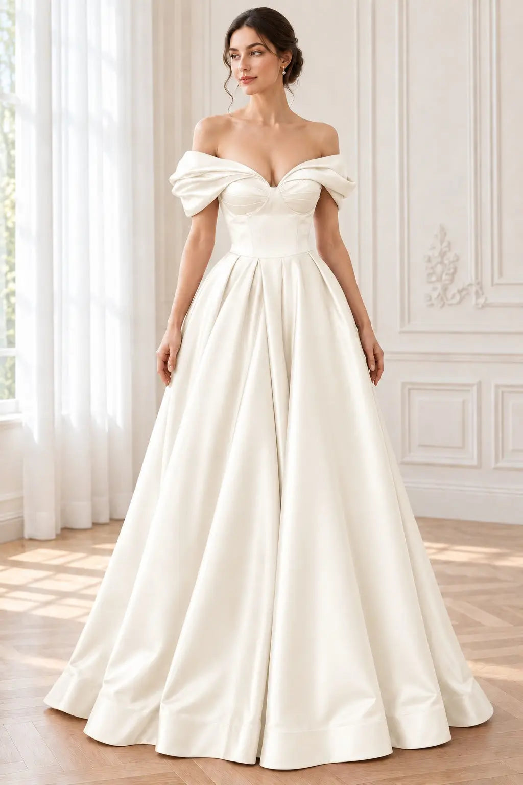 A-line Off-the-Shoulder Short Sleeve Satin Long/Floor-Length Prom Dresses With Ruffles Split