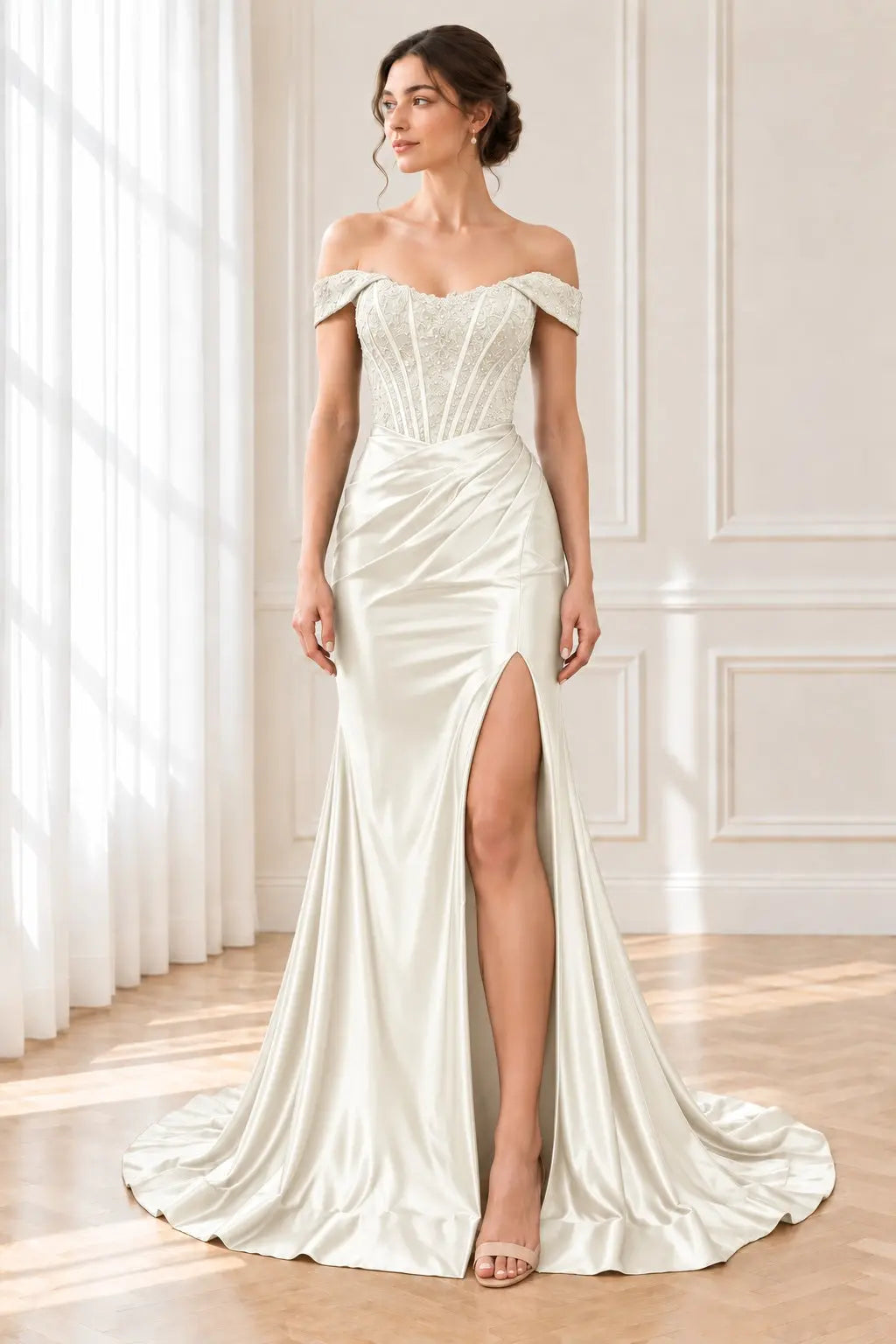 Trumpet/Mermaid Satin Ruched Off-the-Shoulder Prom Dresses Sleeveless Long Green Evening Gowns