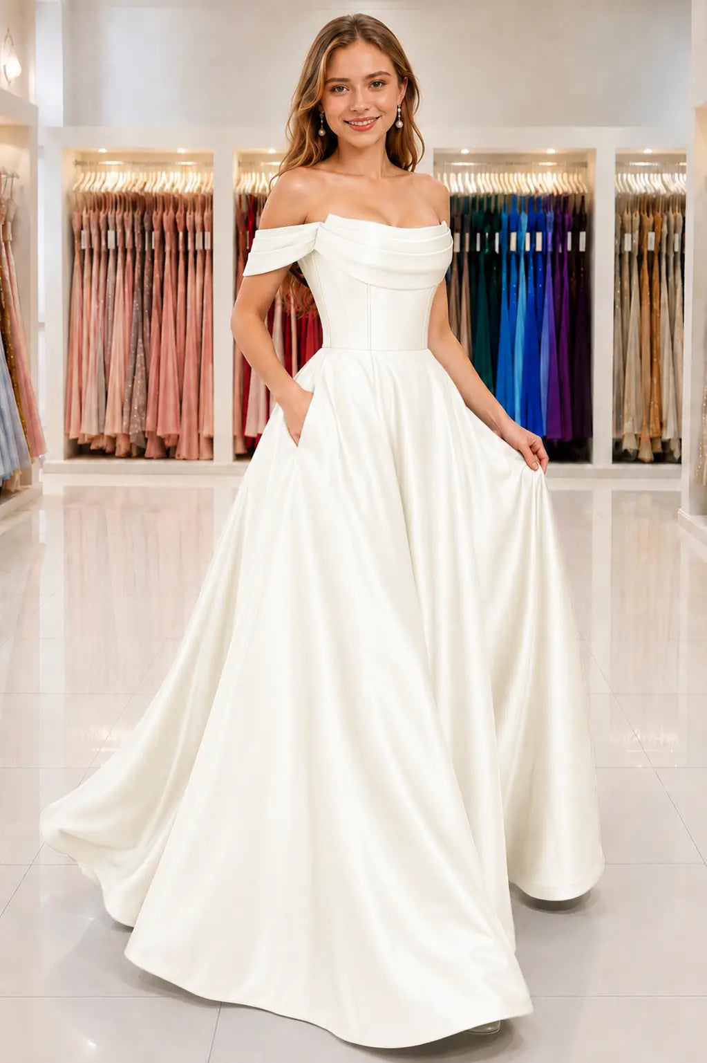 A-Line Satin Long Prom Dress, Simple Off the Shoulder Evening Party Dress With Pockets KAIDRESS