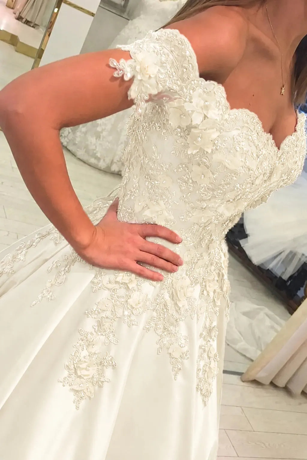 Appliqued Off-The-Shoulder Satin Princess Prom Dress With Beads