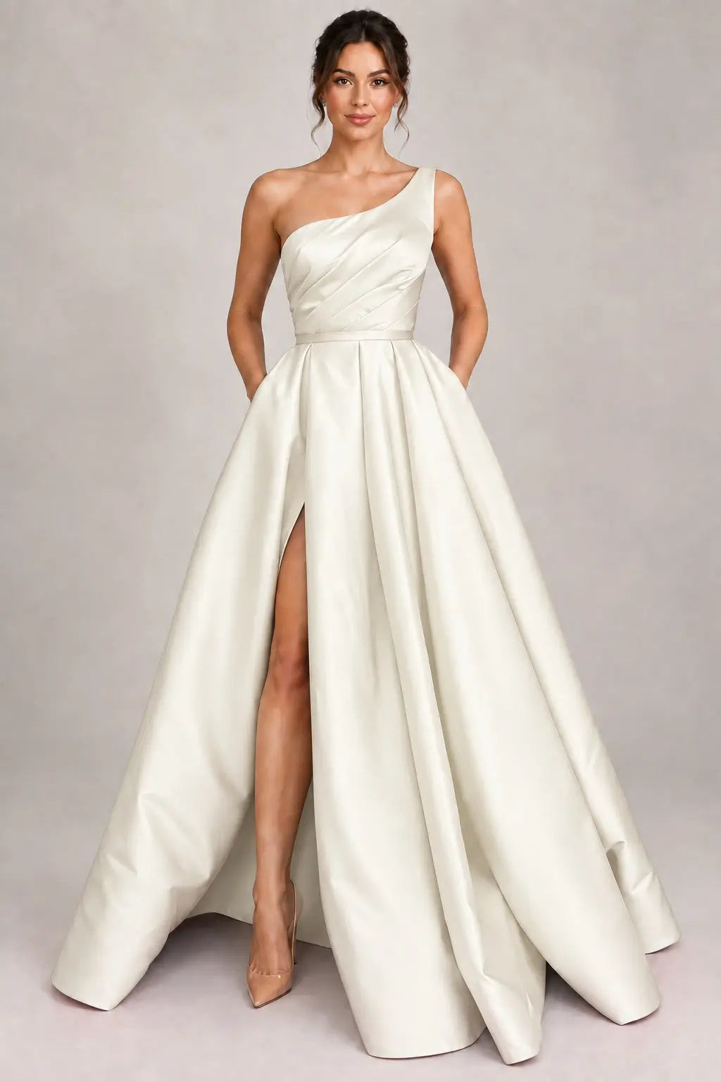 A-line Sleeveless One-Shoulder Long/Floor-Length Satin Prom Dress With Split Ruffles Pockets