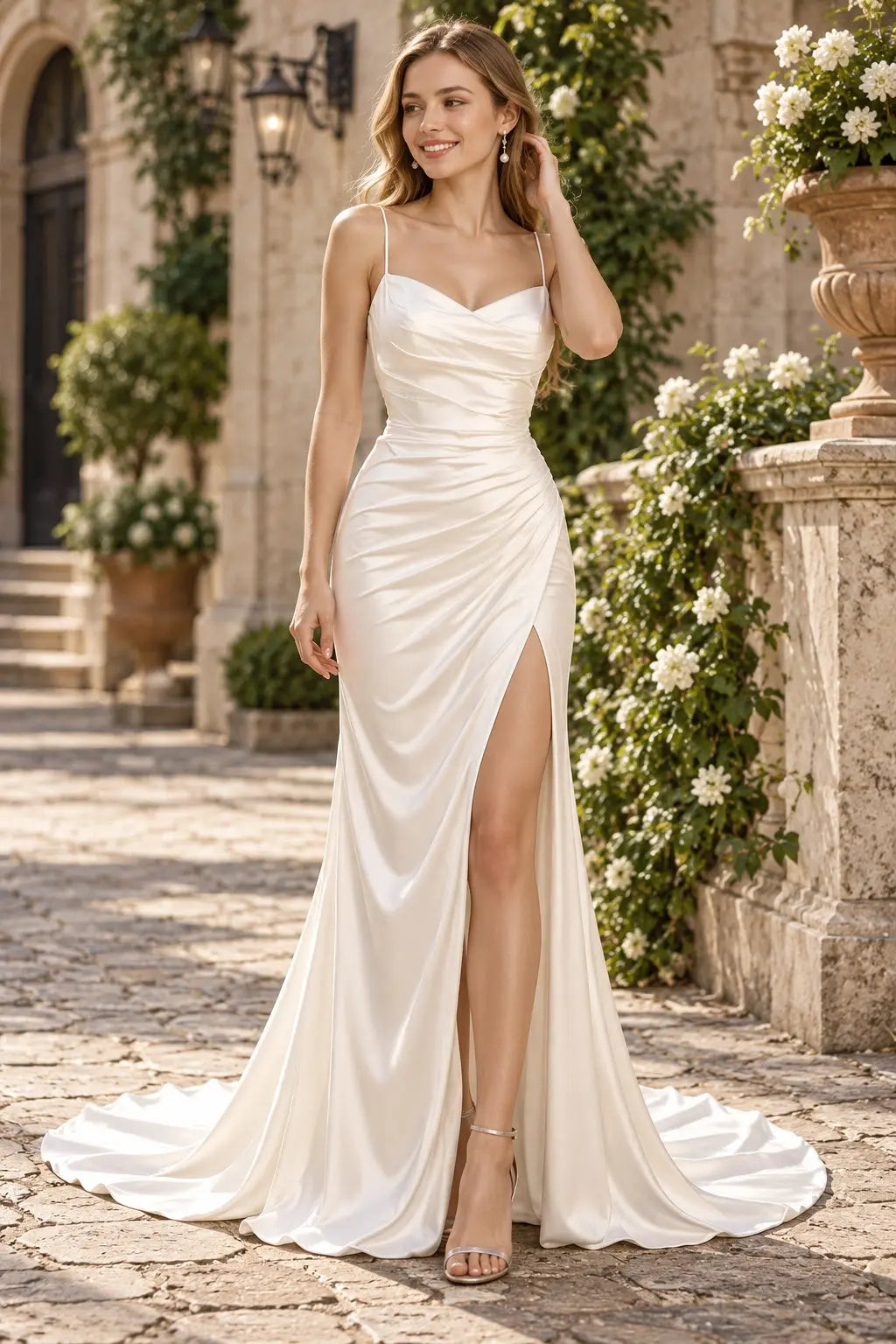 Ivory Satin Ruched Spaghetti Strap Prom Dress with Sweep Train