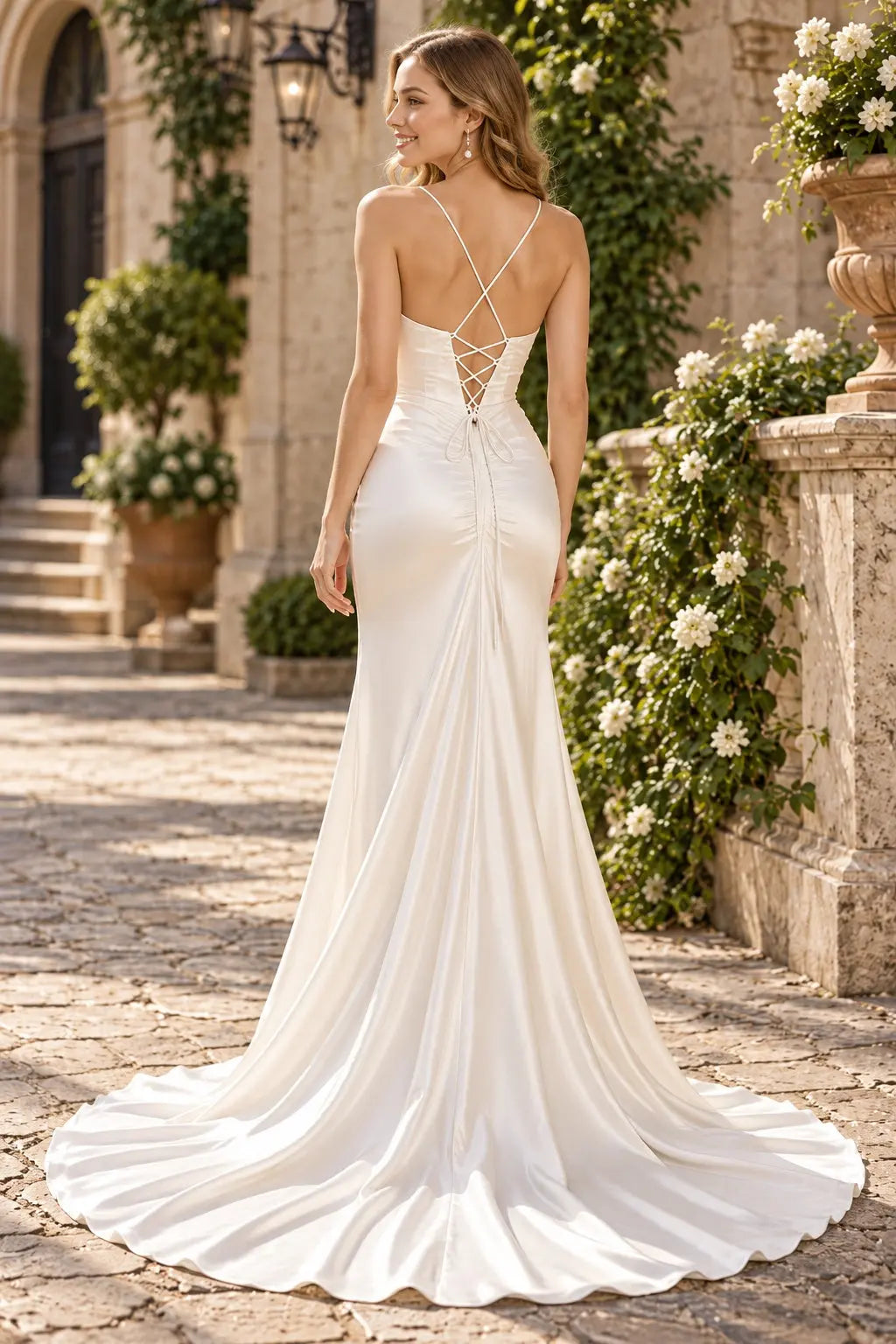 Ivory Satin Ruched Spaghetti Strap Prom Dress with Sweep Train