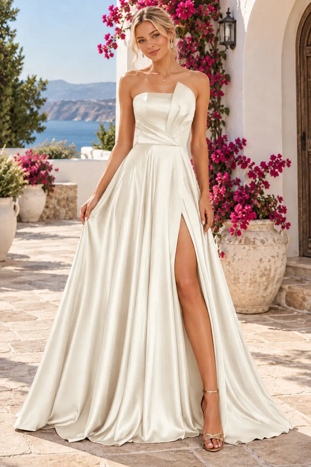 A-line Satin Formal Long Simple Sleeveless Prom Dresses with Slit