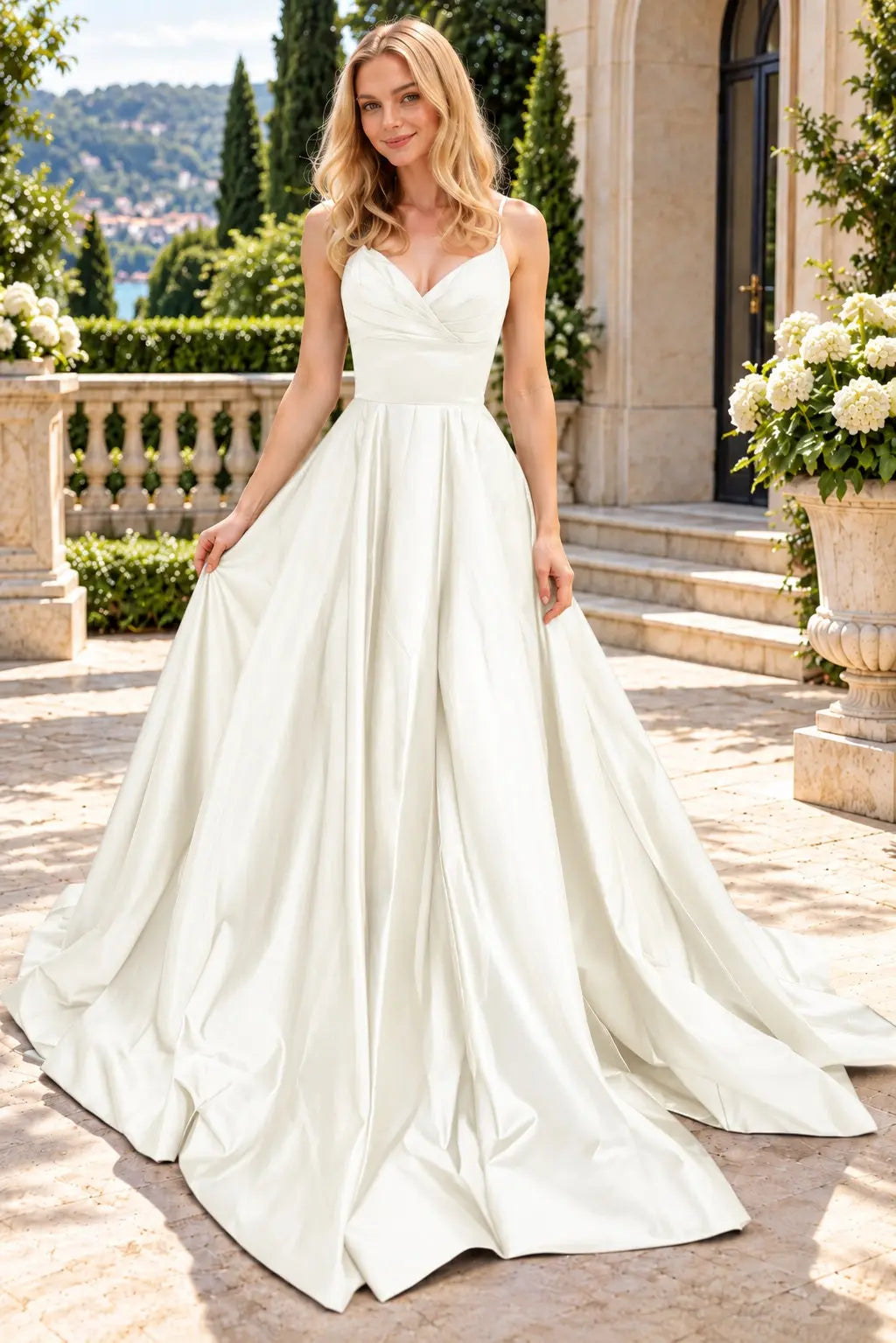 A-line V Neck Sleeveless Court Train Satin Prom Dresses With Bowknot Pleated Waistband