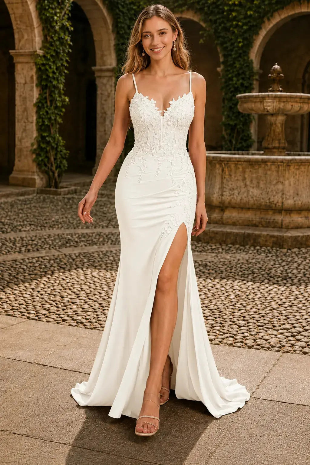 Sheath/Column Spaghetti Straps Lace Applique Beaded Corset Prom Dress with Slit KAIDRESS