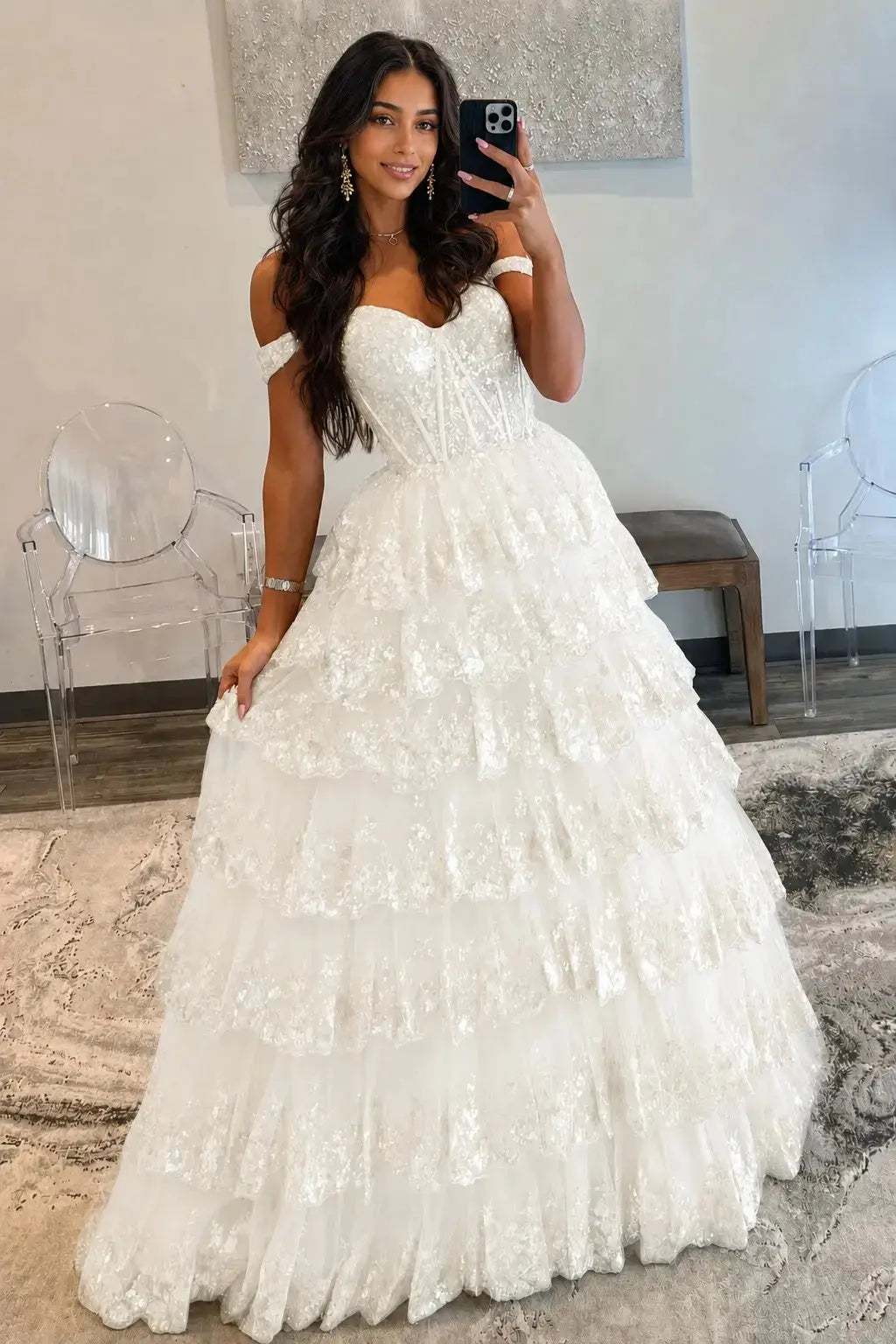 A-Line/Princess Princess Off the Shoulder Sequined Lace Prom Dress KAIDRESS