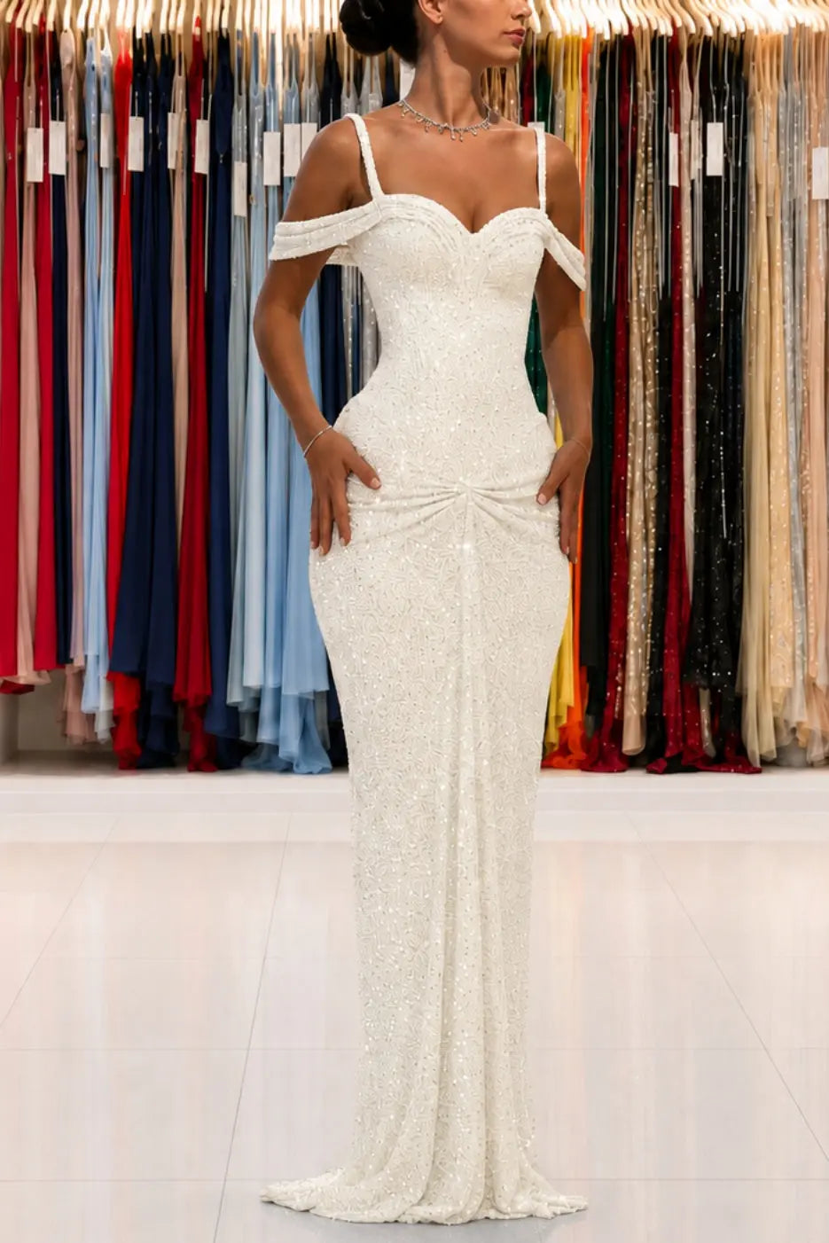 Luxury Sparkly Lace Off-Shoulder Long Beaded Prom Gown with Slender Straps KAIDRESS
