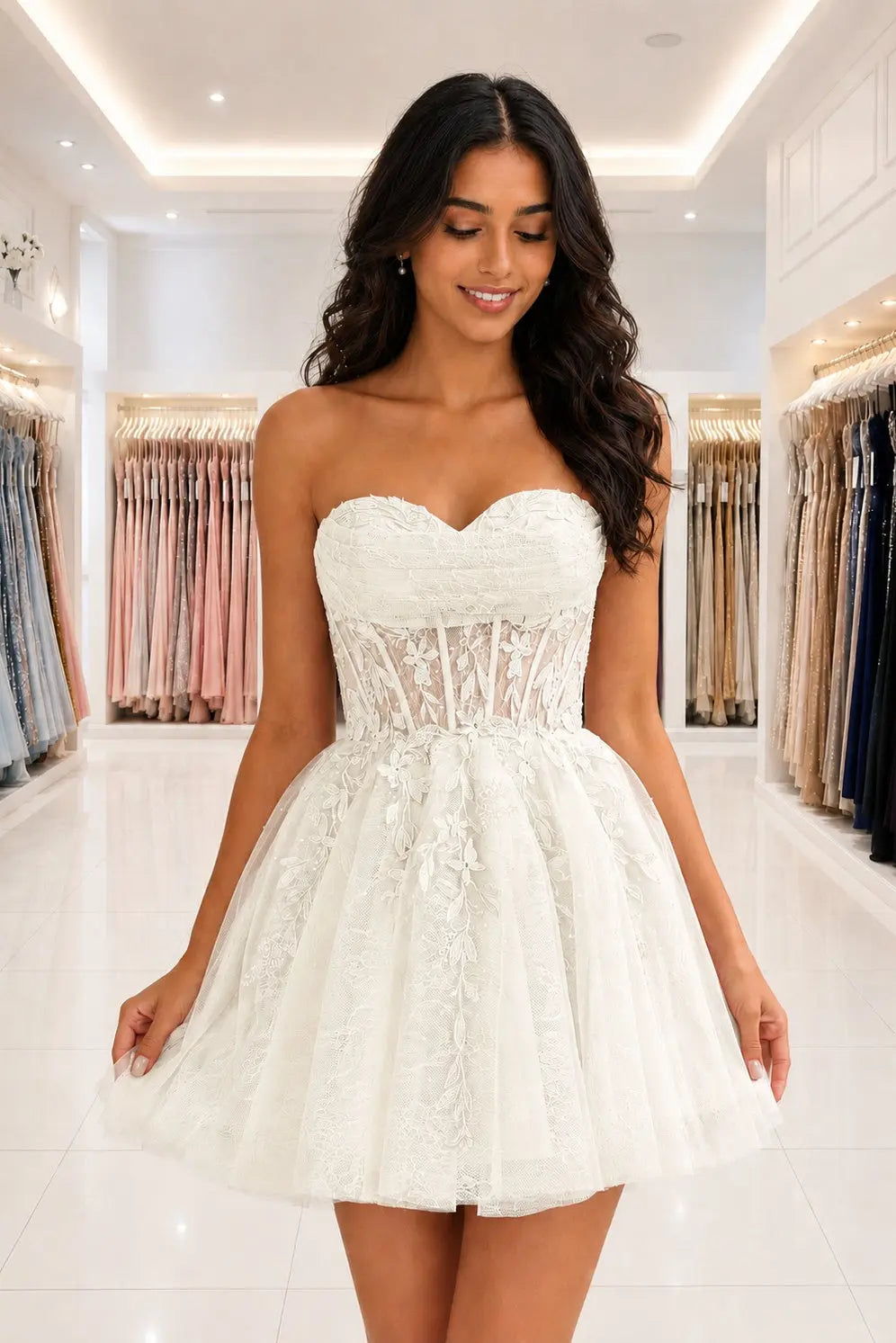 Strapless Beaded Lace Corset A-Line Mini Homecoming Dress KAIDRESS