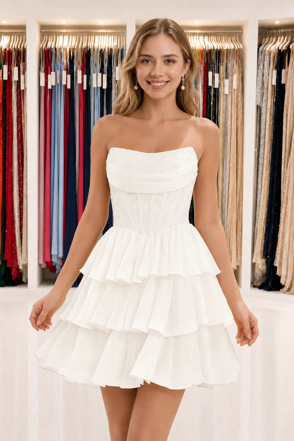 Daffodil Strapless Corset Tiered Ruffle Mini Homecoming Dress With Beading KAIDRESS