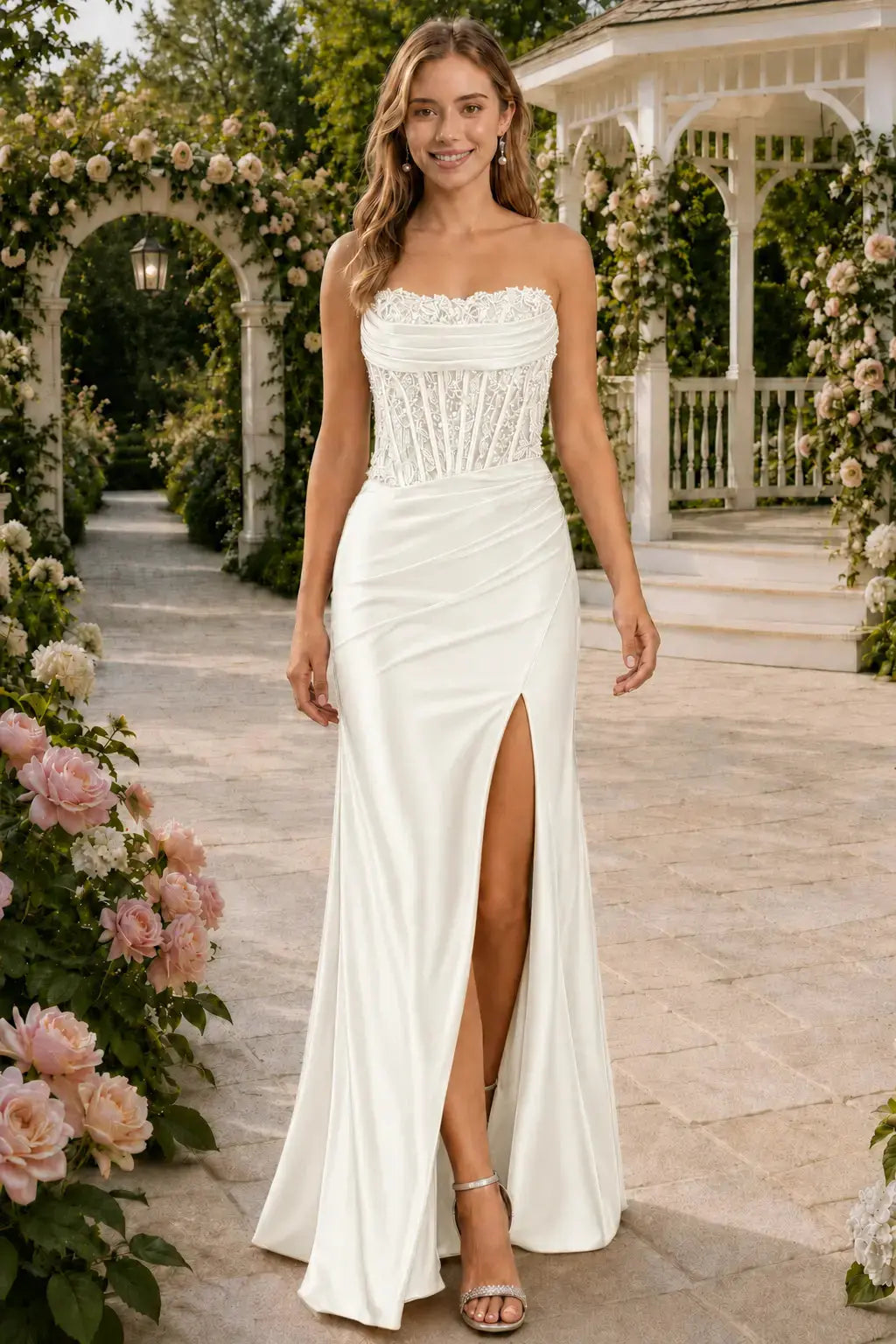 Sheath/Column Beaded Strapless Applique Formal Dress with Slit KAIDRESS