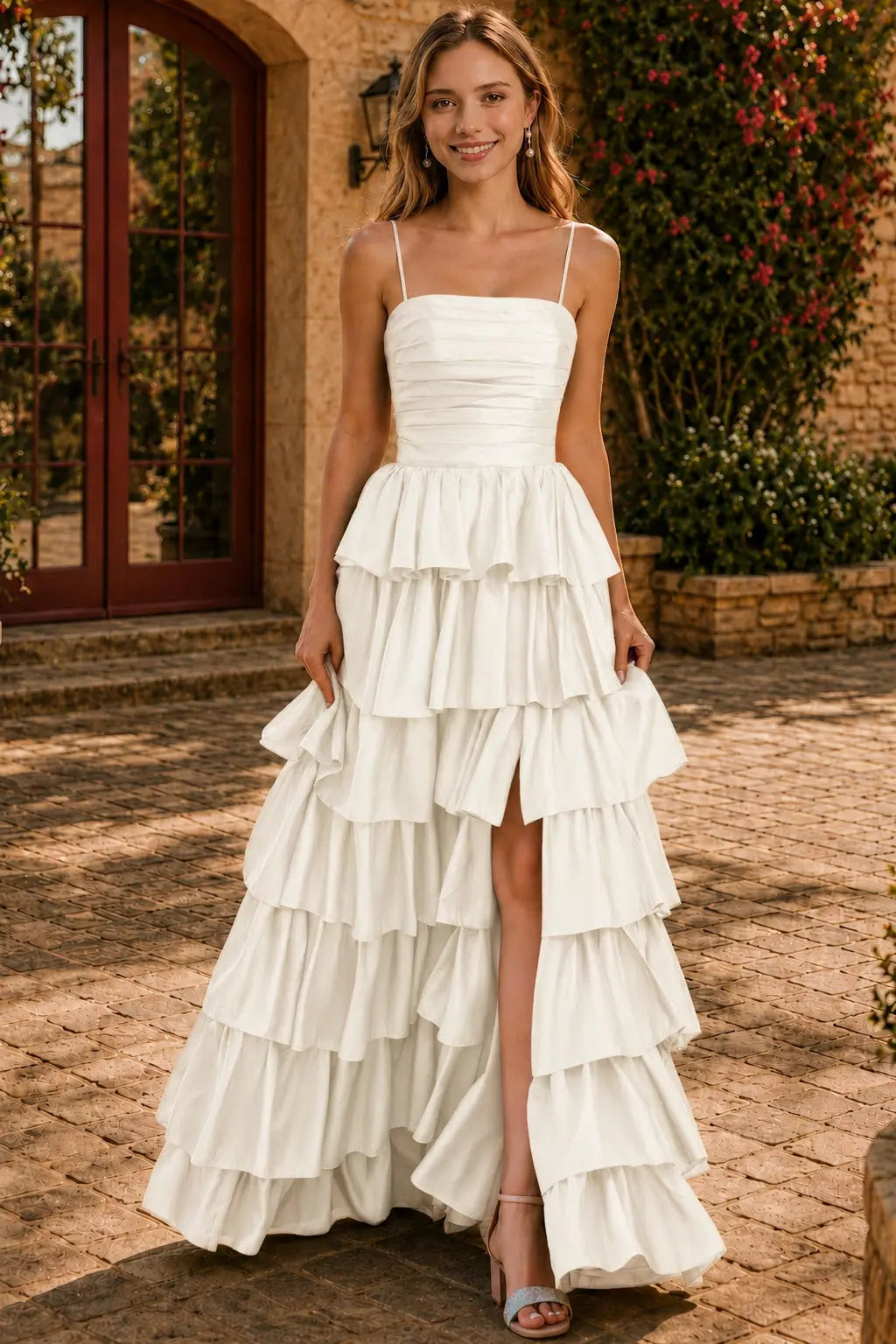 A-line Square Neckline Spaghetti Straps Floor-Length Taffeta Prom Dress with Ruffles Slit KAIDRESS