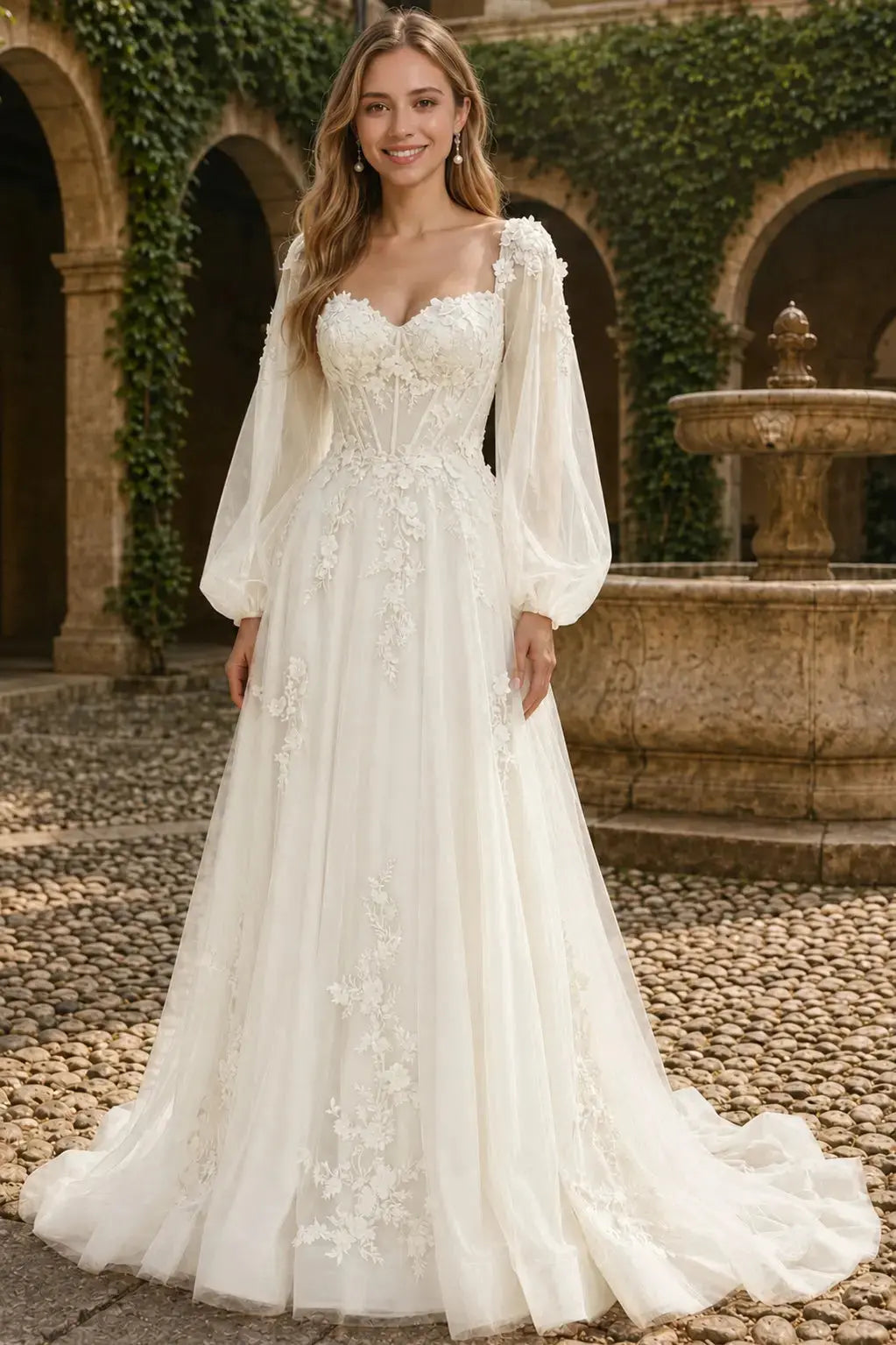 A-line 3D Floral Lace Applique Tulle Long Sleeves Prom Dress KAIDRESS