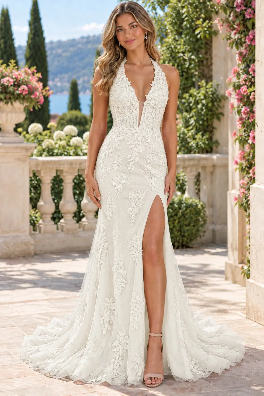 Trumpet/Mermaid V-Neck Tulle Lace Sleeveless Long Prom Dress