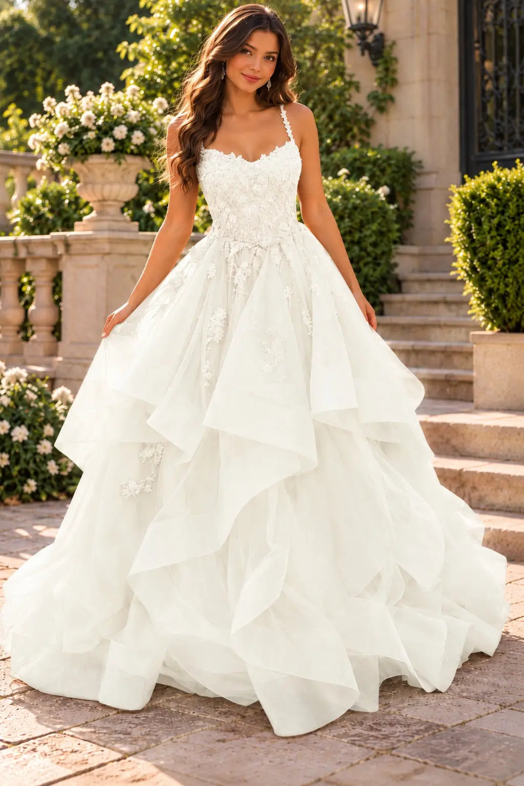 A-line Princess V Neck Floor-Length Tulle Prom Dresses with Appliqued