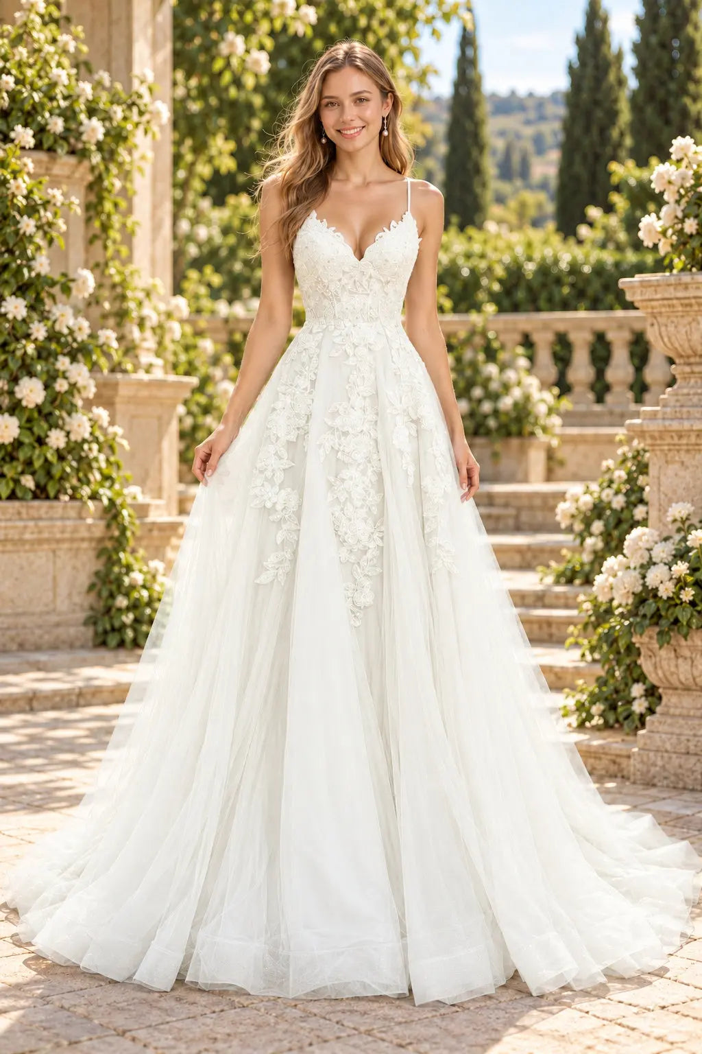 A-line V Neck Spaghetti Straps Sweep Train Tulle Prom Dress With Appliqued