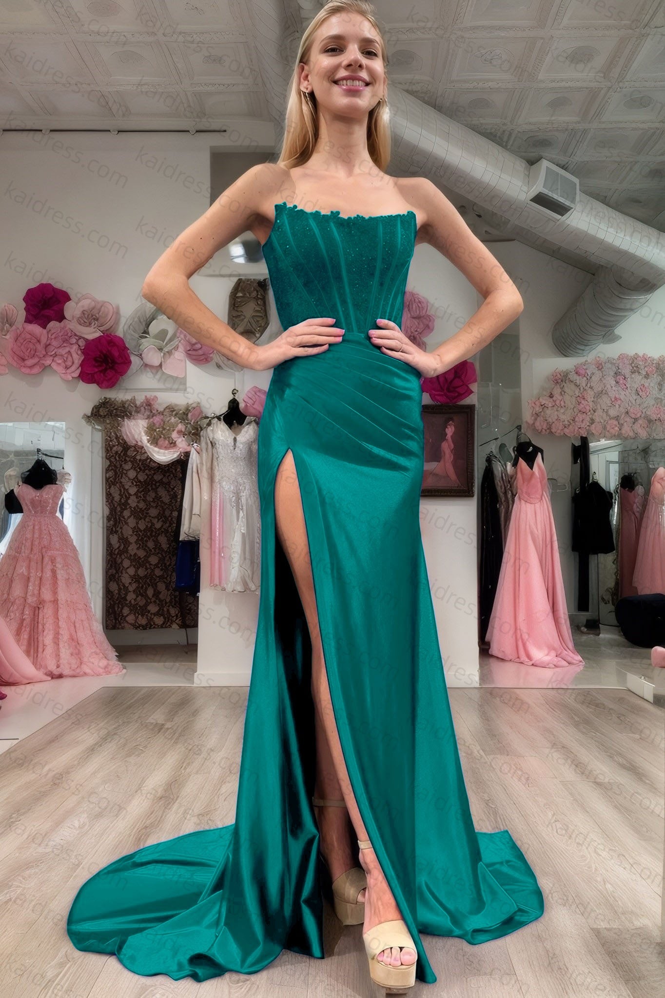 Sheath/Column Elastic Woven Satin Ruched Off-the-Shoulder Sleeveless Sweep/Brush Train Prom Dresses