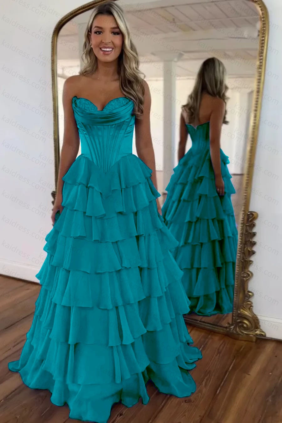 A Line Blue Sweetheart Chiffon Ruffled Long Corset Prom Dress with Slit