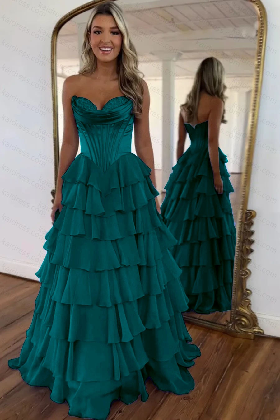 A Line Blue Sweetheart Chiffon Ruffled Long Corset Prom Dress with Slit