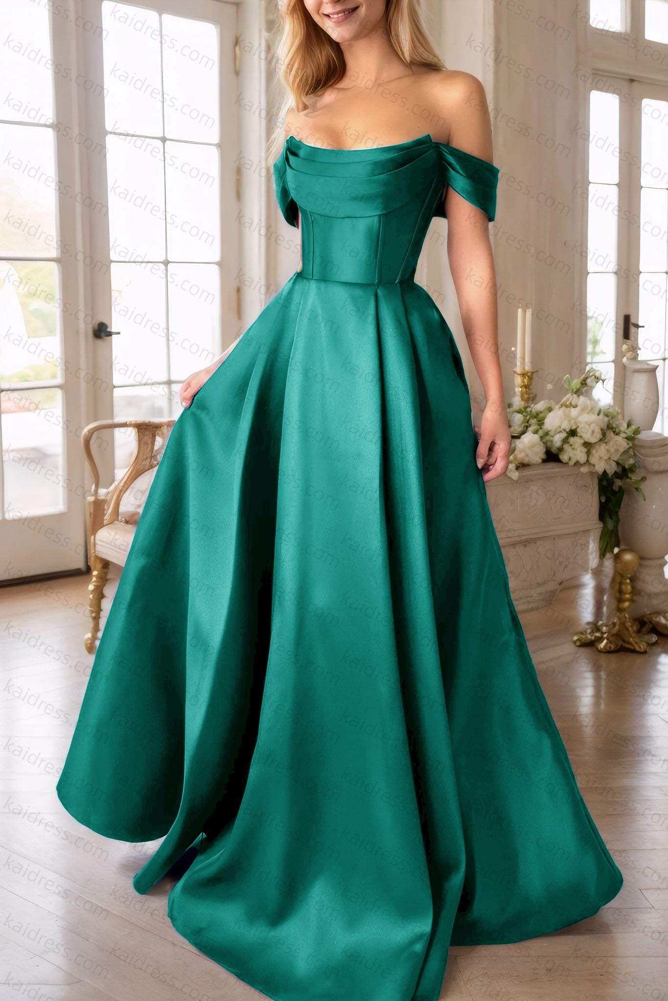 A-Line Satin Long Prom Dress, Simple Off the Shoulder Evening Party Dress With Pockets