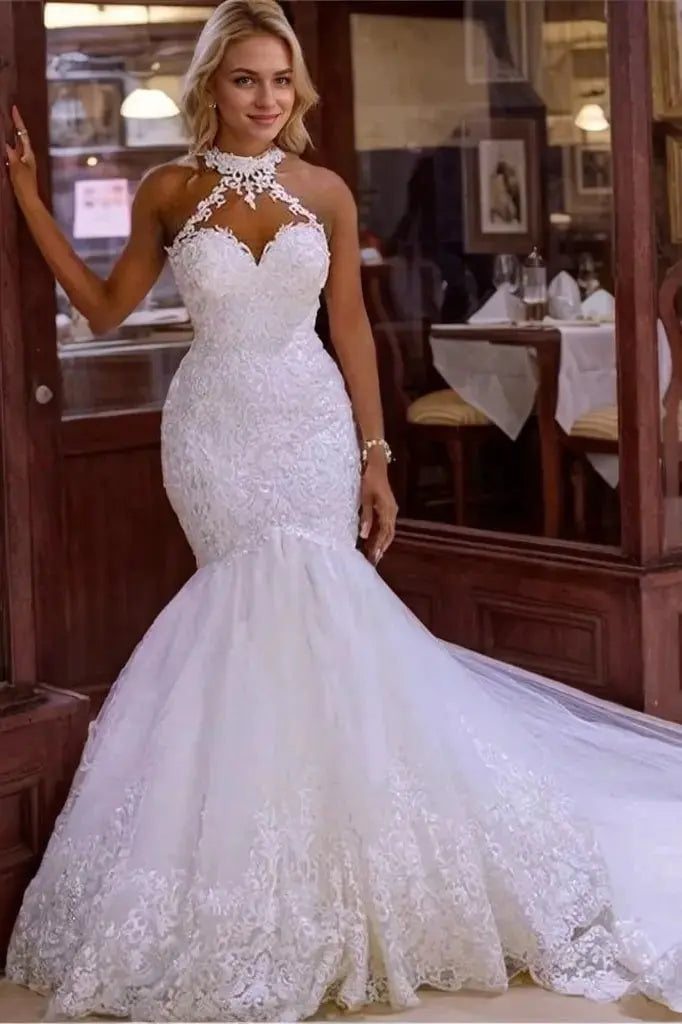 KAIDRESS Halter Mermaid Tulle Lace Wedding Dress with Sweep Train