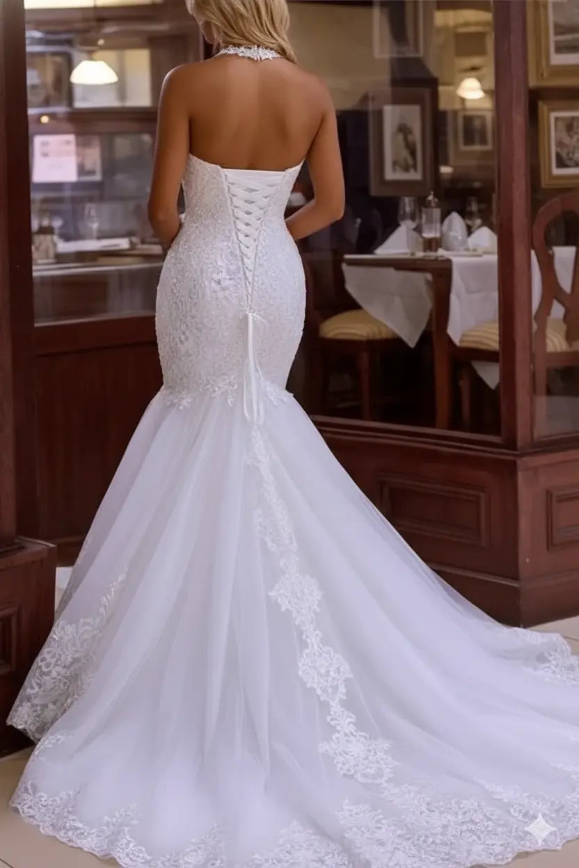 KAIDRESS Halter Mermaid Tulle Lace Wedding Dress with Sweep Train
