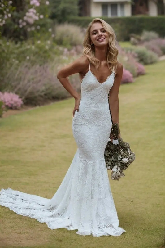 KAIDRESS Lace Applique Mermaid V-Neck Wedding Dress with Train