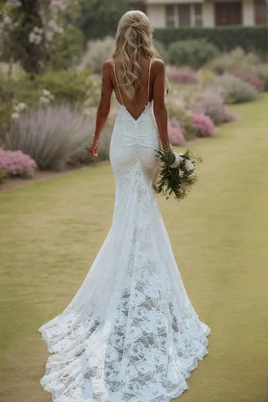 KAIDRESS Lace Applique Mermaid V-Neck Wedding Dress with Train