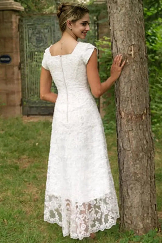 A-Line/Princess Lace Scoop Short Sleeves Asymmetrical Wedding Dresses - KAIDRESS
