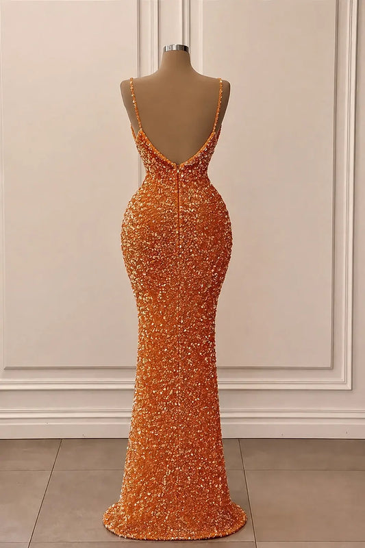 Trumpet/Mermaid Halter Sleeveless Velvet Sequins Long Prom Dresses Orange Ball Gowns Kaidress