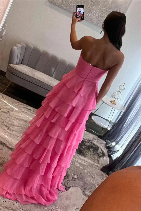 A-line/Princess Chiffon Fuchsia Sweetheart Tiered Ruffles Prom Dress with Slit - KAIDRESS